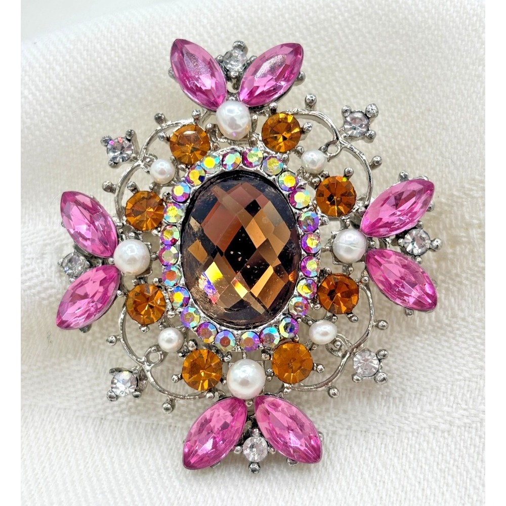 Maltese Cross Brooch Amber Center Pink Gold Rhinestone Faux‎ Pearls Silver Tone